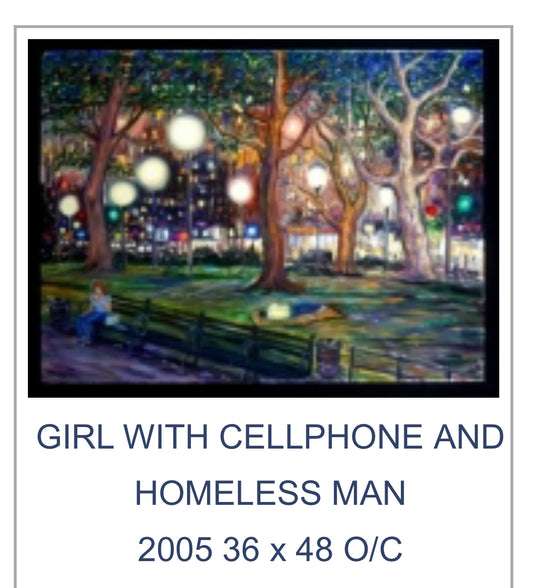 GIRL WITH CELLPHONE AND HOMELESS MAN